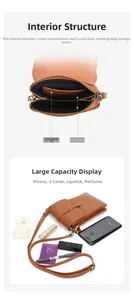 Detailed interior of brown pebbled leather crossbody bag with dual compartments and card slots
