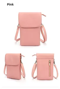 Detail view of pink lychee grain leather crossbody phone bag with gold zipper