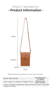 Close-up of caramel leather crossbody phone bag with detailed size measurements