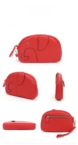 Multi-angle views of red genuine leather elephant-shaped wallet with wristlet strap