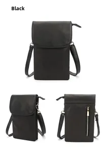 Three-angle views of a black leather crossbody bag featuring matte texture and gold hardware
