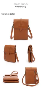 Detailed views of caramel litchi grain leather phone bag with adjustable strap and rear zipper