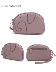 Detailed views of the taro purple leather elephant pouch with lychee grain texture
