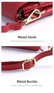 Detail of red leather bag with golden metal clasp and adjustable strap buckle