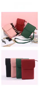 Detailed view of leather crossbody phone bags in four colors with magnetic flap closures