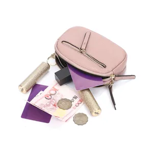Portamonete in pelle rosa con tre cerniere e grande capacità per carte e chiavi