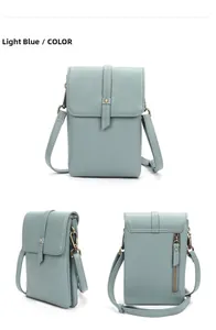 Three-view layout of light blue lychee pattern leather crossbody cell phone bag details