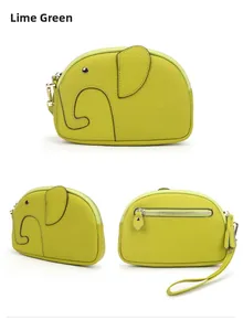 Detail view of fruit green elephant leather pouch showing front side and back zip pocket