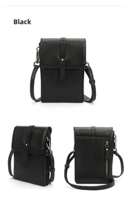 Detail view of black pebble leather crossbody phone bag with gold hardware and back zipper