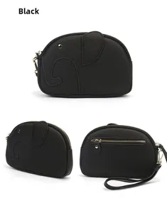 Detailed views of a black elephant leather wallet with wrist strap and zipper pocket