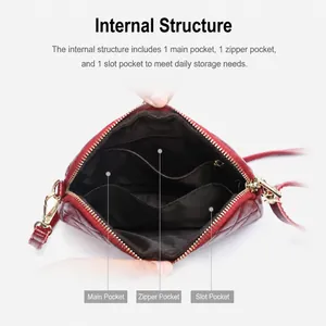 Genuine leather crossbody square bag in red litchi texture with multiple inner pockets