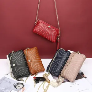 Litchi pattern leather crossbody chain bags in five colors with fan-shaped stitching