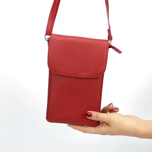 Minimalist red pebble grain cowhide leather crossbody phone bag for women with shoulder strap