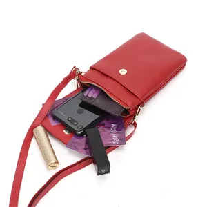Red lychee grain leather crossbody phone bag with card slots and a magnetic buckle