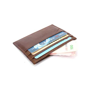 Slim crazy horse leather card holder in brown with multiple slots for cards and cash