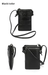 Détails du sac pour téléphone en cuir noir à motif pierre, vues avant, de côté et arrière