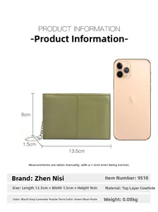 Size comparison of green genuine leather coin purse next to a smartphone