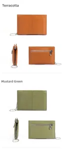 Detail view of mustard green and yellow pebble leather coin purses with keychains
