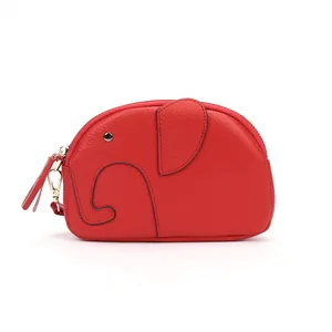 Creative red elephant shape leather wallet with lychee grain and gold metal zipper