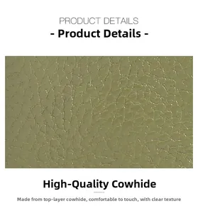 Detailed view of genuine cow leather texture in bean green with lychee grain pattern