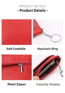 Detailed view of red pebble leather coin purse with silver zipper and metal key ring