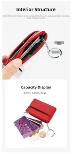 Detail view showing internal structure and capacity of the red leather coin purse with key ring