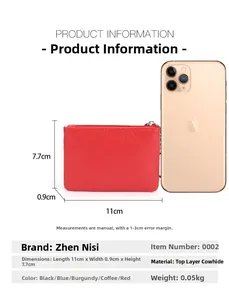 Red top grain leather coin purse size comparison with a mobile phone and dimensions
