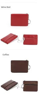 Detail view of wine red and coffee leather coin purses with dual zippers and key rings