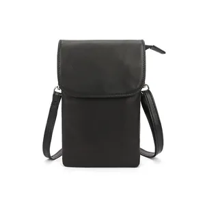 Minimalist black soft leather crossbody phone bag with flap and metal zipper detail