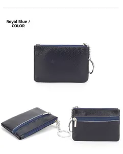 Detail of royal blue pebble grain leather coin purse with silver zipper and key ring