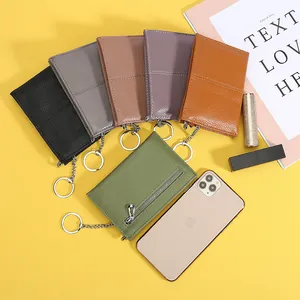 Litchi pattern genuine leather wallet with key ring and zipper pocket in multiple colors