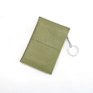 Grass green genuine leather coin purse with lychee texture and metal keychain ring