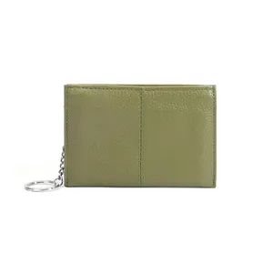 Olive green top grain cowhide leather coin purse with keychain and pebbled texture