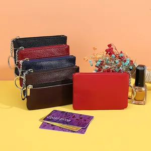 Genuine Leather Coin Purse For Women Top Grain Cowhide Litchi Grain Small Zipper Wallet Mini Key Ring Storage Bag