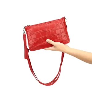 Damen Kopfschicht Rindsleder Krokodilmuster Umhängetasche Slim Reißverschluss Briefumschlag Clutch Leder Handtasche Mode Reisen