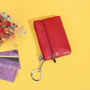 Slim red genuine leather coin purse with double zippers and metal keychain ring