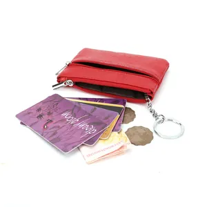 Red genuine leather slim coin purse with double zippers and metal key ring holder