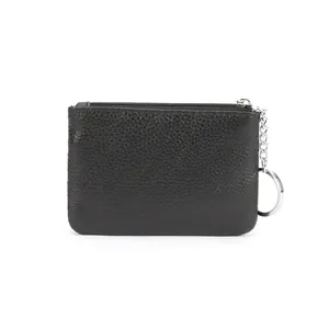 Minimalist black pebble grain cowhide leather coin purse with silver keychain zipper