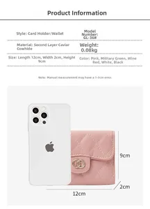 Pink caviar leather card holder size comparison with 12x2x9cm dimensions detail