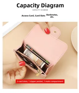 Detail of light pink leather wallet interior showing card slots and zipper pocket