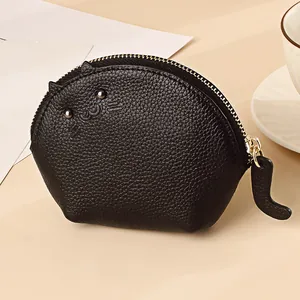 Mini porte-monnaie en cuir véritable avec motif chat noir mignon et fermeture éclair dorée