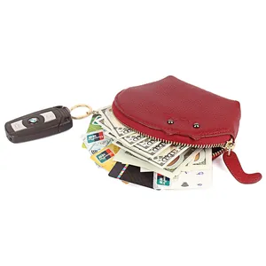 Petit porte-monnaie chat en cuir véritable rouge avec fermeture éclair métallique