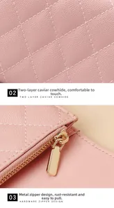 Macro detail of pink caviar leather with diamond quilted stitching and gold zipper hardware
