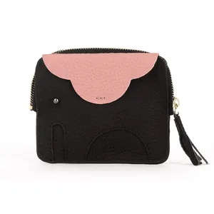 Mini porte-monnaie éléphant en cuir de vachette noir et rose avec fermeture éclair et gland