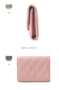 Detailed side and back views of pink quilted leather wallet with pebbled texture