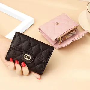 Women's Quilted Leather Small Wallet Double Ring Design Luxury Coin Purse Credit Card Holder Fashion Ladies Mini Clutch Foldable