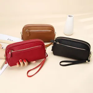 Three-layer leather clutch purse for women with zipper and wristlet in three colors