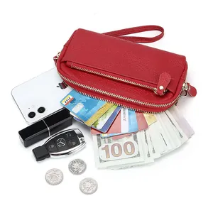 Red pebbled leather double zipper long wallet for women with wristlet and phone storage