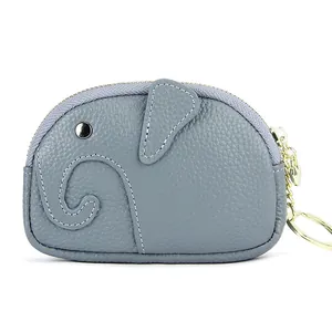 Blue leather elephant coin purse with zipper closure and golden metal keychain ring