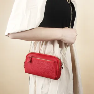 Women's First Layer Cowhide Leather Crossbody Bag Fashion Multi-Layer Litchi Pattern Phone Bag Gold Chain Shoulder Bag